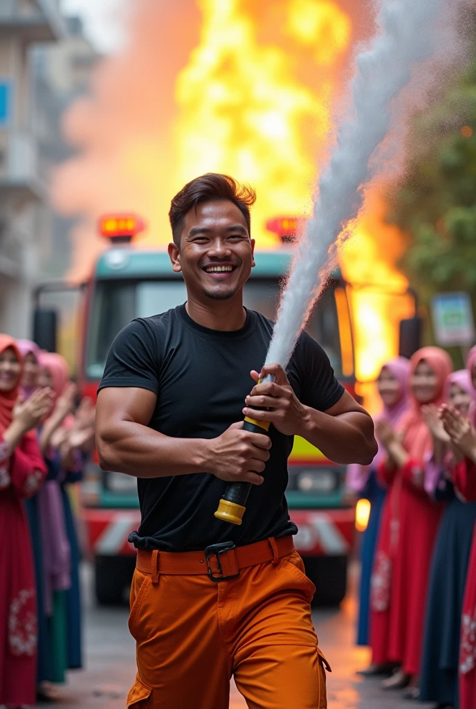 Malaysia guy age 2s. Handsome Man wear Blackshirt. Cargo pant orange firefighter jumpsuit wear tight in . Very muscle body. Holding water hose. Shoot the water to many girl hijab colorfull women cheerfull face clapping hand. Firetruck background. Firefighters water hose.