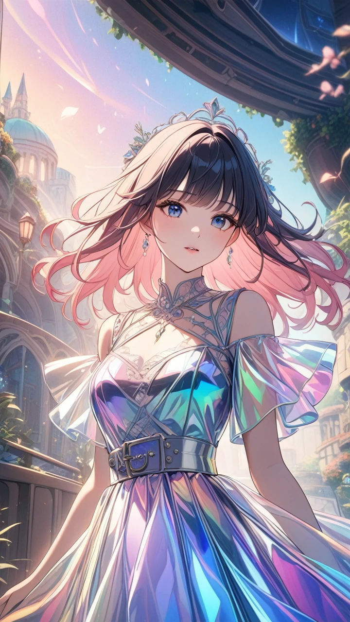 1girl, solo, surreal scene, detailed face, detailed eyes, detailed hair, detailed clothing, intricate details, magical realism, dreamlike, ethereal, whimsical, cinematic lighting, beautiful color palette, soft focus, dramatic shadows, dramatic highlights, volumetric lighting, atmospheric, mystical, fantastical, vibrant colors, detailed textures, seamless, masterpiece, best quality, transparent color PVC clothing, transparent color vinyl clothing, prismatic, holographic, chromati caberration