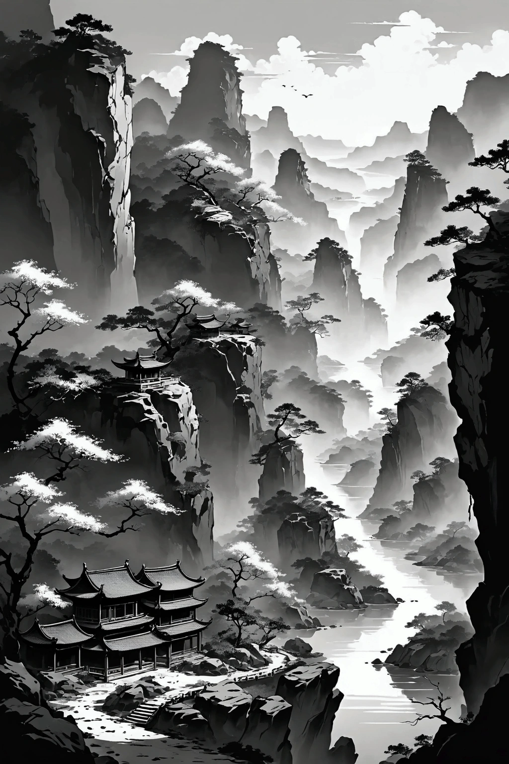 The scenery, Chinese style, Monochromatic landscape, Cliff