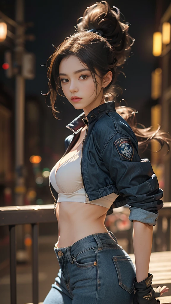 (8K, RAW Photo, Best Quality, Masterpiece: 1.2), (Realistic, Realistic: 1.37), (Perspective lens).1 Girl, beautiful model, Dynamic pose, Serious and mean expressions. Early twentieth girl. Pale white skin. realistic skin, slim body shape, extremely detailed hair, delicate sexy face, gazing away, shiny lips. tomboy, supermodel, beautiful long pony tail hair, confident eyes. stylish outfit, durable Navy jacket and Blue denim beige pants. futuristic design elements gloves, LED lights. Her overall look combines strength and elegance, with a charismatic and leadership aura. The setting is a modern, high-tech environment, Night.