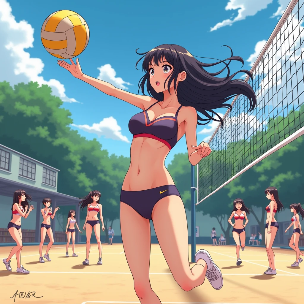 anime girl, in underwear, thong, on the gym class, playing volleyball