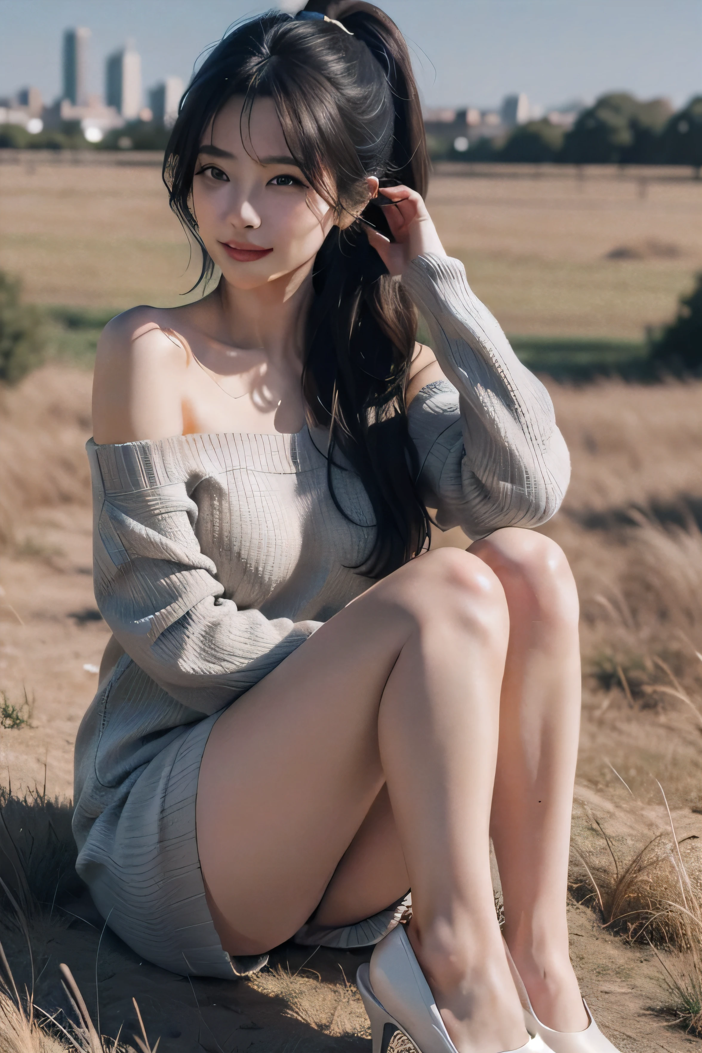 A digital illustration in anime style featuring a full-body portrait of a girl standing in a grass field. She has long black hair styled in a ponytail and blue eyes. She is wearing an off-shoulder white sweater, a black glossy satin pencil skirt, and black high heels. The illustration should be ultra-realistic and high resolution (8K), with a clear and sharp depiction of the entire character from head to toe. The girl is smiling, with beautifully structured features and elegantly posed legs highlighted by the high heels. The content should be highly detailed, with an exquisite and sublimely beautiful presentation. The background should include a cityscape, enhancing the overall masterpiece quality of the illustration.