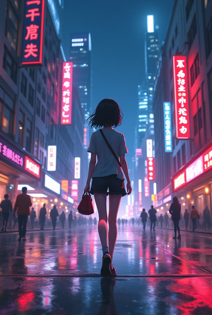 Anime girl walking through a vibrant city street at night, concept art inspired by Beeple, trending on Behance, conceptual art, neon lights reflecting in the rain. anime, keyframe illustration, background artwork, ((city night)), urban neon glow, background art, keyframe, night lights!, digital painting, Kim Jung Gi and Craig Mullins influence, cinematic vibes —q 2 —ar 2:3."
