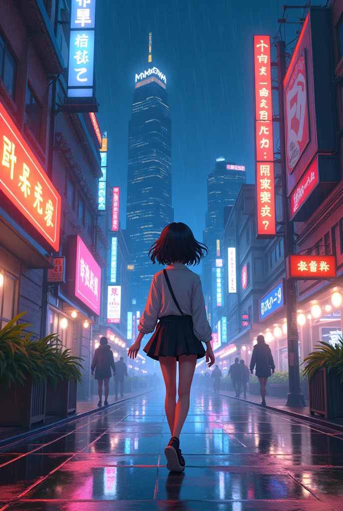 Anime girl walking through a vibrant city street at night, concept art inspired by Beeple, trending on Behance, conceptual art, neon lights reflecting in the rain. anime, keyframe illustration, background artwork, ((city night)), urban neon glow, background art, keyframe, night lights!, digital painting, Kim Jung Gi and Craig Mullins influence, cinematic vibes —q 2 —ar 2:3."