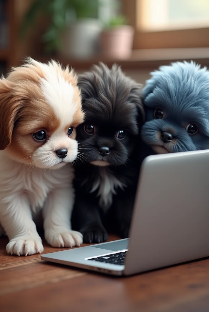 3 shih tzu puppies 1 pink 1 black 1 blue are looking at the computer and then they start to get attracted to the laptop.