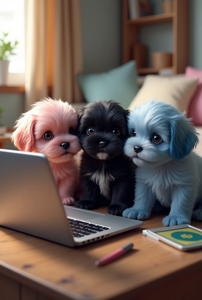 3 shih tzu puppies 1 pink 1 black 1 blue are looking at the computer and then they start to get attracted to the laptop.