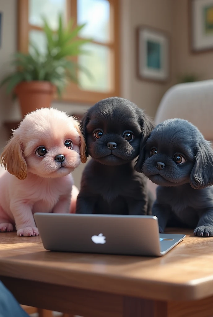 3 shih tzu puppies 1 pink 1 black 1 blue are looking at the computer and then they start to get attracted to the laptop.