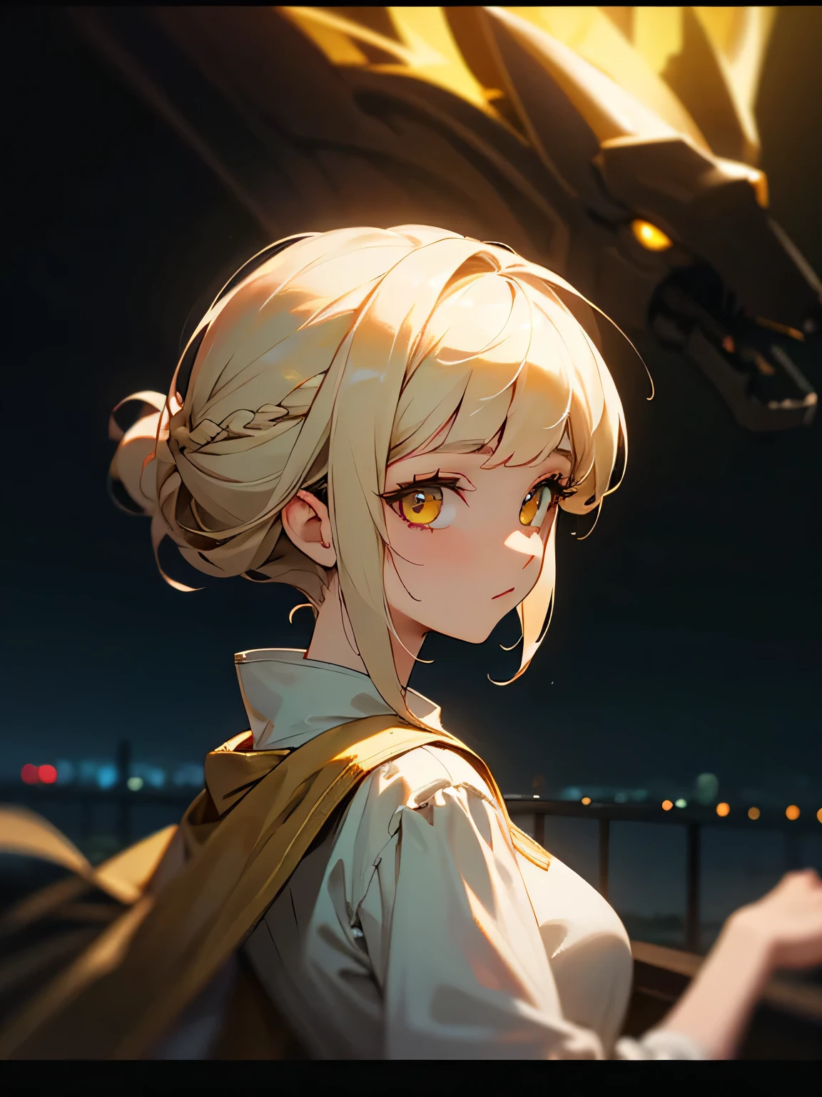 from front:1.3,{Voluminous updo|Pixie Cut}, looking at viewer, (Cinematic), Written boundary depth,
masterpiece, Highest quality, exterior, At night, ivory hair, Golden Eyes,