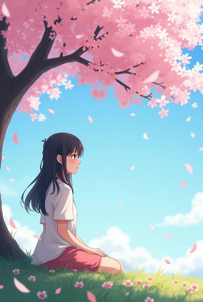 Anime girl sitting under a cherry blossom tree in spring, concept art inspired by Makoto Shinkai, trending on Pixiv, conceptual art, petals falling around her. anime, keyframe illustration, background artwork, ((spring blossoms)), pink petals in the breeze, background art, keyframe, cherry blossoms!, Hayao Miyazaki and Studio Ghibli influence, serene and peaceful —q 2 —ar 2:3."