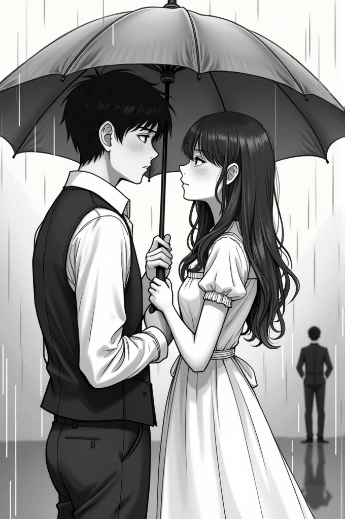 ((best quality)), ((masterpiece)), (detailed), perfect faceMature manhua drawing: A boy with bangs wearing a shirt and a long vest is holding an umbrella for a girl with long hair wearing a white dress., two people looking at each other. Another guy stood in the rain looking from afar. The scene is both romantic and sad.