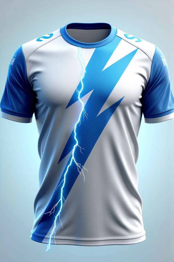 Create a jersey design with following ideas
Design: A white base with jagged blue lightning bolts streaking across the jersey from the shoulders to the waist.
Details: Thin, shadowed outlines of the lightning bolts to add depth.
Logo Placement: Placed above the heart, directly above a lightning bolt.