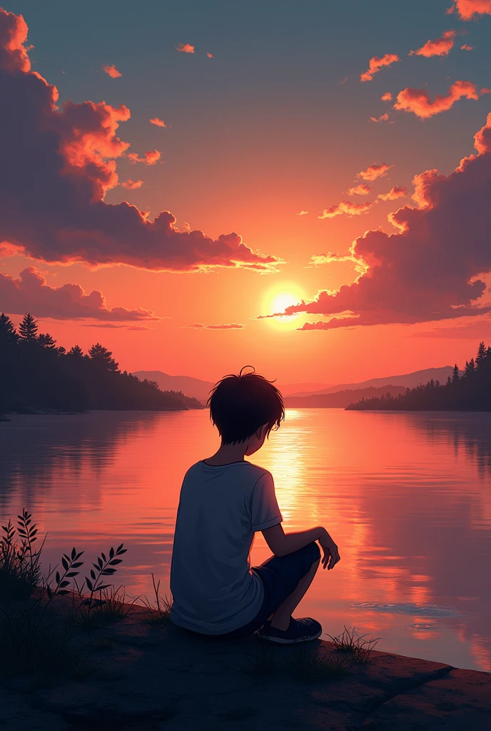 A boy sadly sited at the bank of river showing his back were sunset is happining with the beautiful clouds