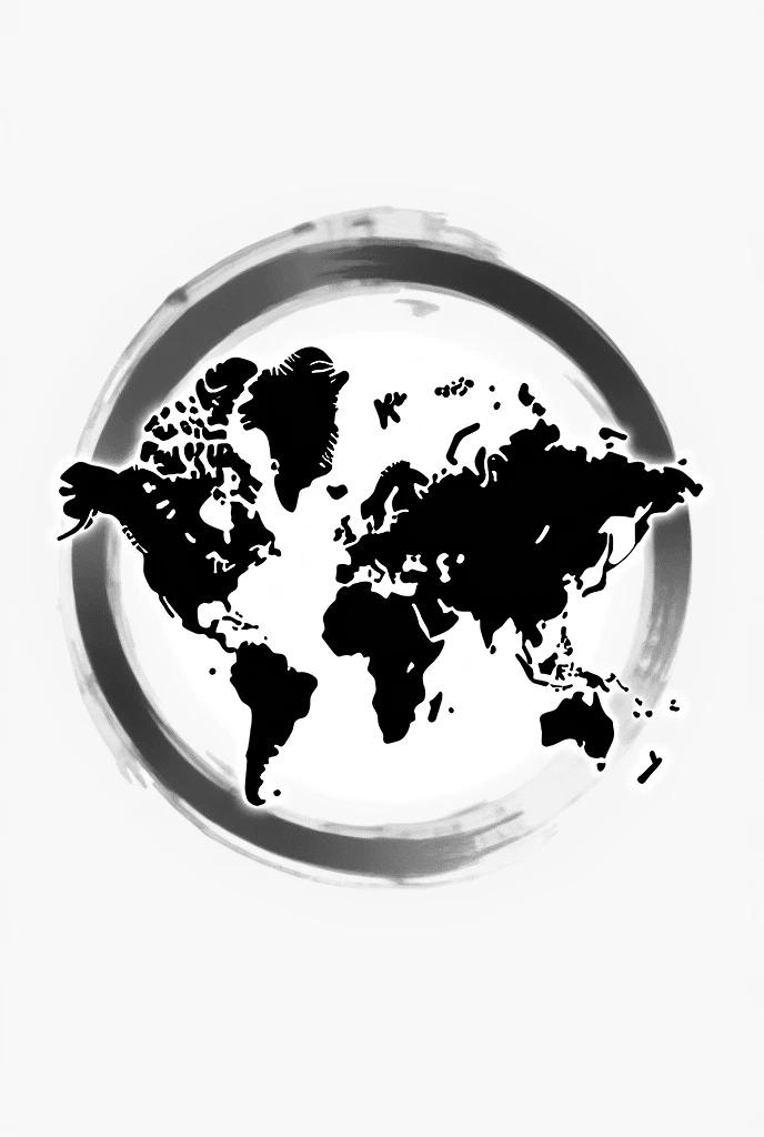 Generate detailed stylized black and white world map logo image with a faded circular ink effect line in the background