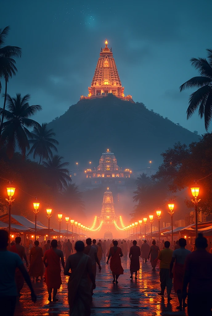 "Depict the sacred town of Thiruvannamalai in Tamil Nadu, India, during a vibrant festival evening. Show the majestic Arunachala Hill in the background, towering over the ancient Arunachaleswarar Temple with its towering gopuram (gateway tower) illuminated by countless oil lamps. The streets should be bustling with devotees, some carrying traditional lamps, others engaging in rituals. The sky is a deep twilight blue, with stars just beginning to appear, and a slight mist around the hill, giving