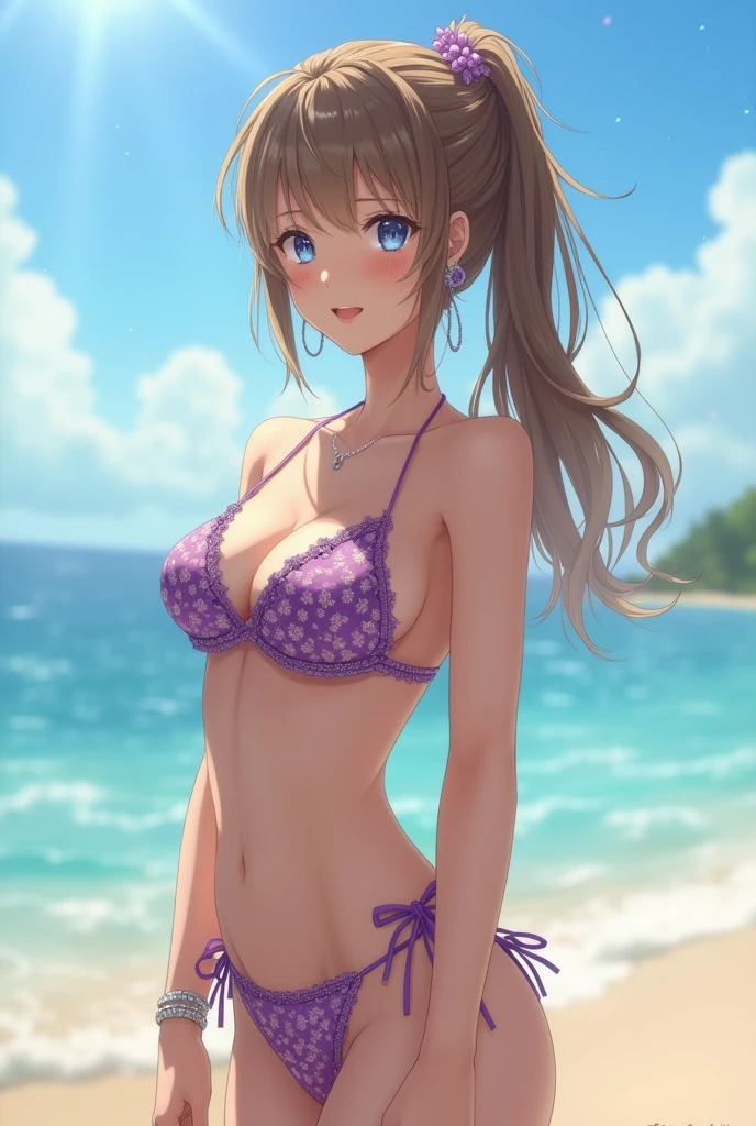 Japanese、((Highest quality、Tabletop、8k、Best image quality))、((Beautiful trio:1.3))、(1 photo:1.2)、Standing on the beach、Hair swaying in the wind、The most detailed and complex beautiful sea、Beautiful transparent sea、Beautiful sunny sky、Beautiful thunderclouds、bracelet、necklace、hair ornaments, Colorful decorated bikini、Lavish decoration、Purple Micro Bikini、花Patterned bikini飾り、big ruffle bikini、Patterned bikini、Upper body photo、Slender and Big Breasts、blonde、Brown Hair、もBeautiful transparent sea、sunlight、Lens flare、Sunburned skin、smile、(((Squat:1.3)))、Big Breasts,Please put your hands on the ground、Real、cute、ponytail