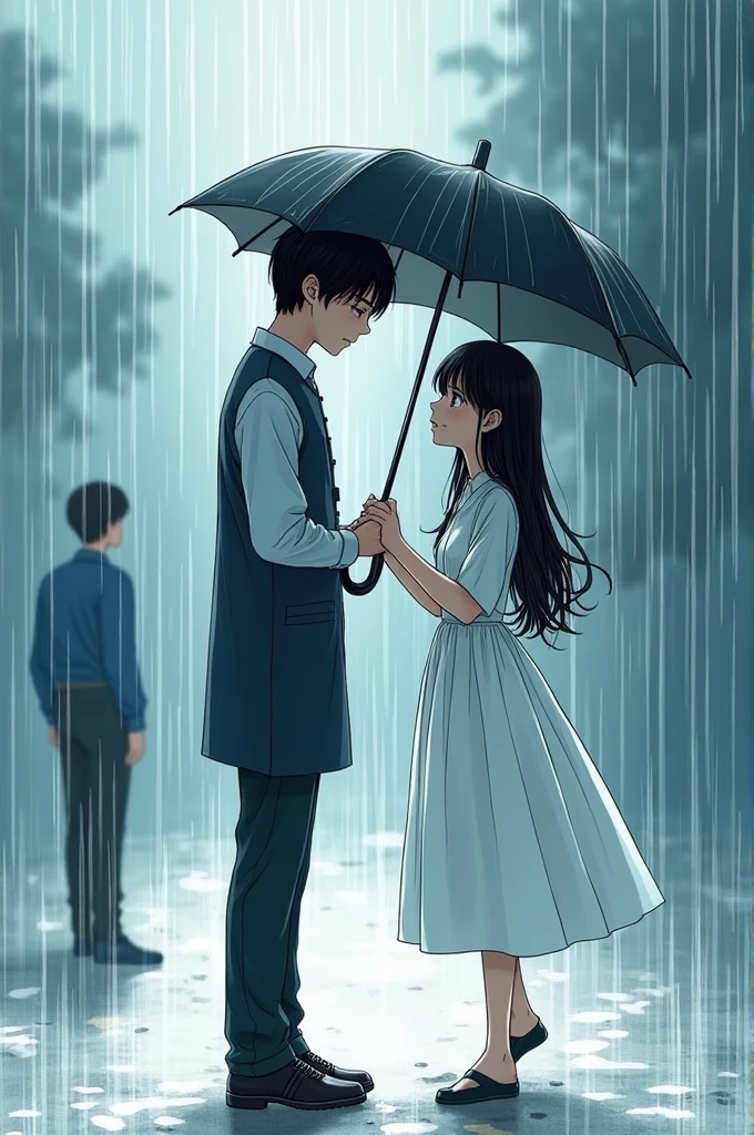 ((best quality)), ((masterpiece)), (detailed), perfect faceMature manhua drawing: A boy with bangs wearing a shirt and a long vest is holding an umbrella for a girl with long hair wearing a white dress., two people looking at each other. Another guy stood in the rain looking from afar. The scene is both romantic and sad.