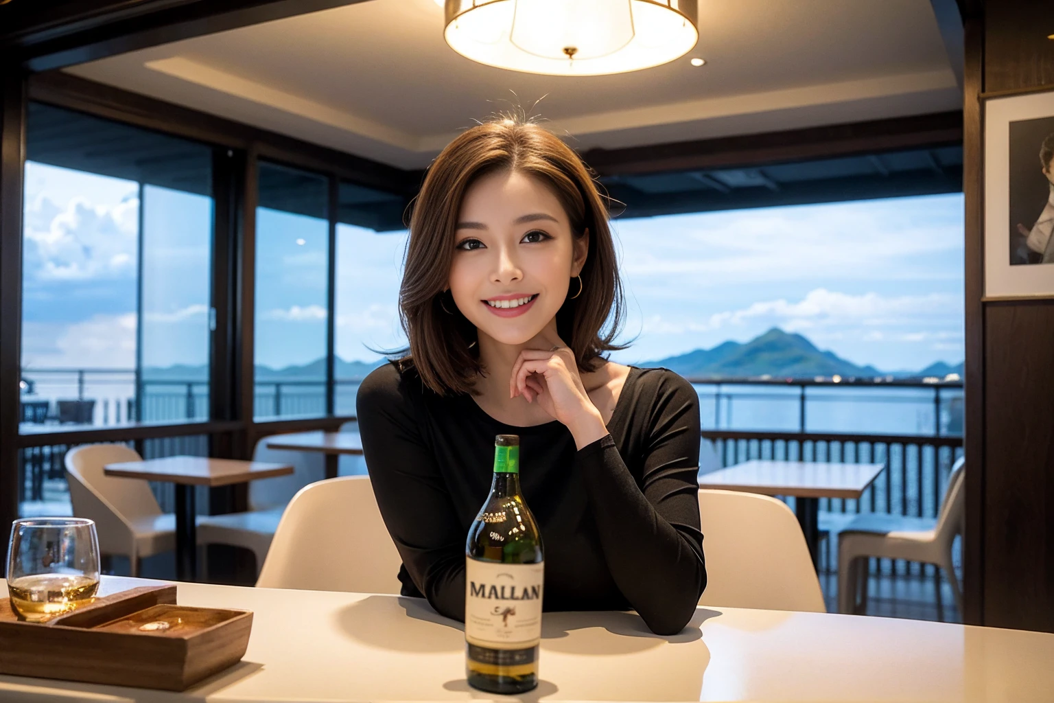 ((Highest quality、8k、masterpiece:1.3))、Whiskey bottles、The Macallan、Joni Black、Old Parr、whiskey、Suntory、Nikka、slimカップル、modelカップル、(Realistic, Intricate details:1.2), full-course dinner、Whiskey bottle and glass on the table、Single Malt、scotch、Rocks glass、Shot Glass、On the rock、Scotland、Amazing view of the sunset sky and clouds、A bright smile、The wonderfulness of smile、 Beautiful Face, blue eyes, The light shines on your face, blush, short hair,Bright Face、 (Age 37), 3,Two beauties、Brown Hair、Shortcuts、Long sleeve shirt、dress、Beautiful woman 1, (slimな顔), (The body is slim), (Brown Hair), (Shortcuts), cheeks turn a little red,Attractive beauty、restaurant, In a prominent place (From the waist up) Nova Frog Style, actress, model, Upper Body, White wine, slim, smile, (smile: 1.15), Beautiful fine grain, Depth f/2,saturation, High Contrast, Strong light and shadow,Moist Body:1.5、3D texture、Delicate eyes、Brown Hair、The hair is very shiny、