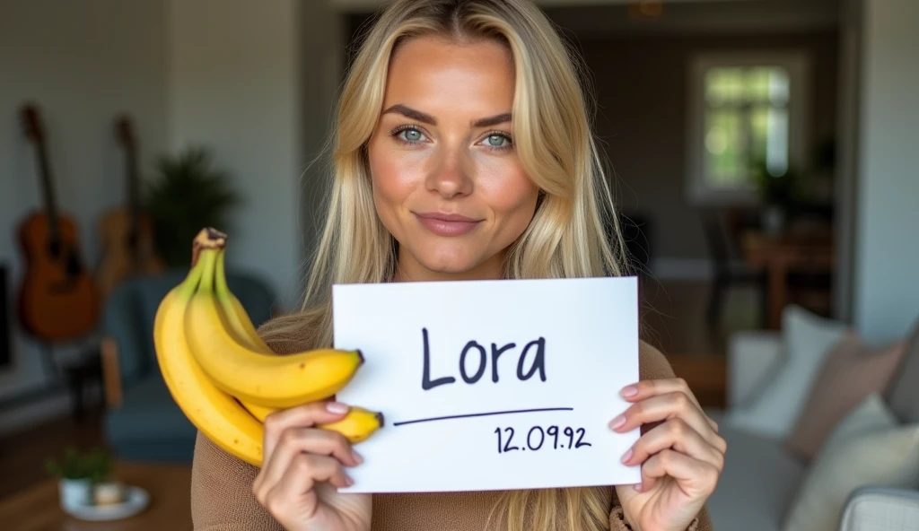 create an influencer,blonde hair,Scandinavian,light eyes,light brown skin,holds up a verification sign that says lora which is handwritten(with a ballpoint pen(12.09.92), in her living room,banana in hand,orbody should be visible
