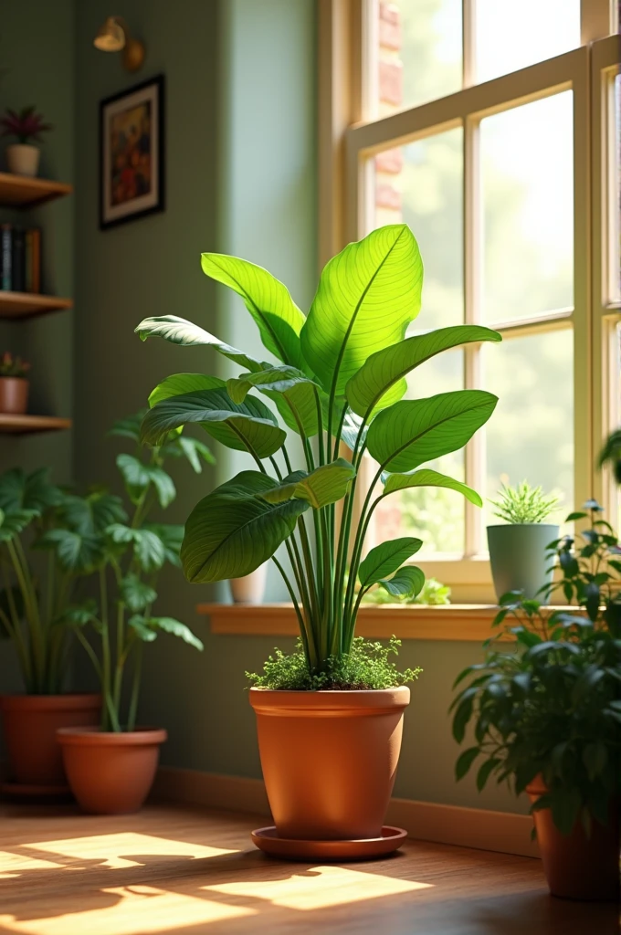 Medium height plant become grow inside the house near the window.