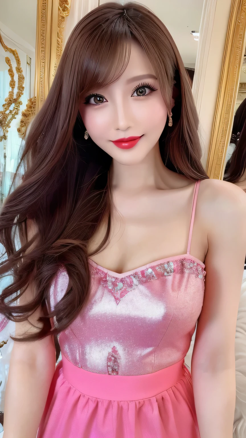 ((Highest quality, Ultra-high resolution、The most complex and detailed depiction))、(Bright lighting:1.1)、(Beautiful woman:1.1)、(Long Wavy Hair:1.05), (Accurate anatomy:1.1)、Colored contact lenses、Perfect Makeup、Pink lipstick、Highly saturated eyeshadow、Shiny metallic bodycon、Blurred Background, Look at me and smile、Luxurious Room、(Ultra-high resolution gloss, Fair skin:1.1)、Ultra-high resolutionの顔、Ultra-high resolutionの髪、Ultra-high resolution sparkling eyes、Ultra-high resolution glossy lips、Beautiful face drawn in every detail、Ultra-high resolution perfect beautiful teeth、(Bright and vivid:1.1), whole body, Amazing big G cup breasts,Beautiful legs in every detail,Sexy pose