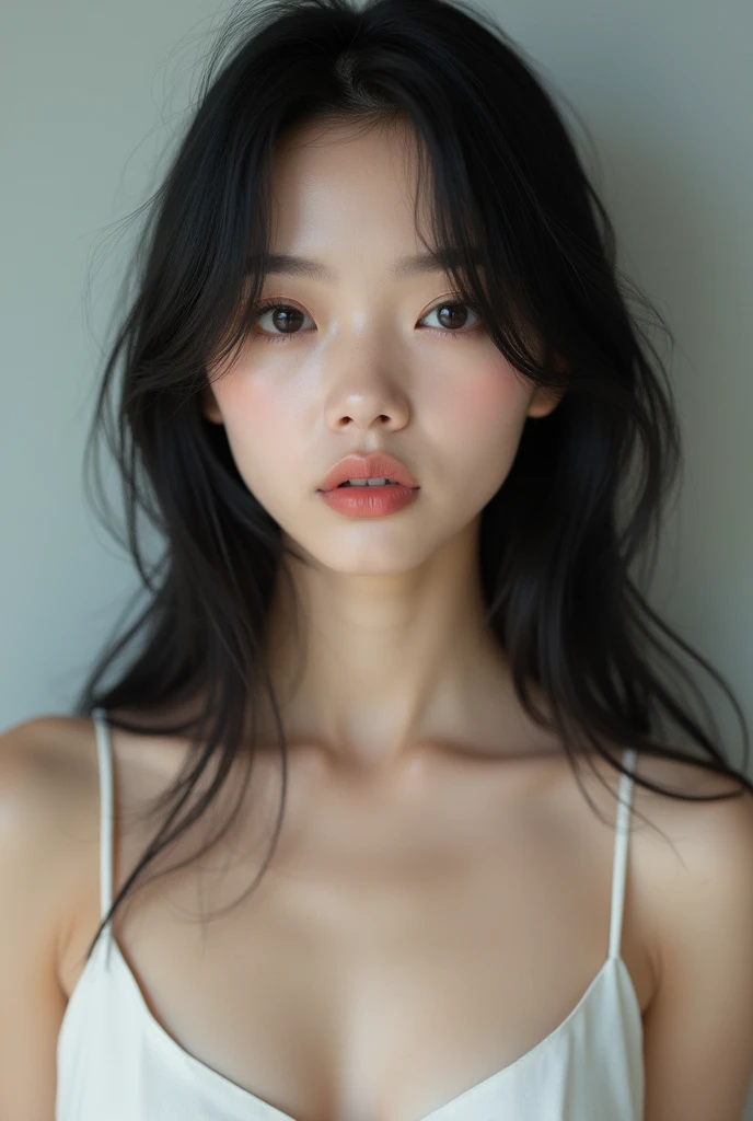 Full details, High definition, Realistic portrait, Malay-Japanese-Chinese descent woman, Big eyes, seductive and dreamy eyes, Direct eye contact, 20 years old, Straight long black hair and fair skin, Wearing a white spaghetti strap dress, Beautiful, 48k suhd