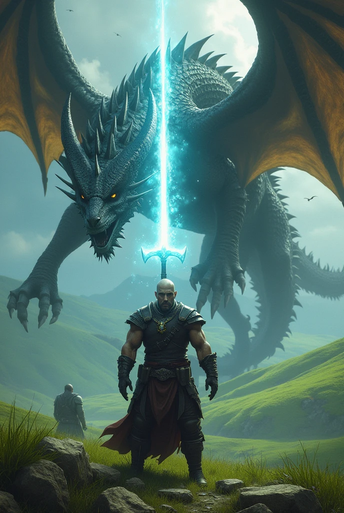 um forte, a serious looking man, fighting powerful dragons. the man is brandishing a sword of blinding light. The landscape is of green fields in the background. epic scene, Skyrim, book cover