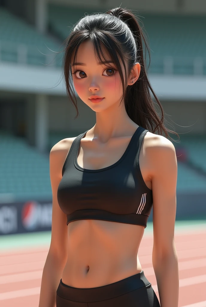 Track and field club、Female university student、1、Japanese、Cute face like an idol、Track and field clubユニフォーム、Sweating、Uniforms that expose a lot of skin、sexy、ponytail、I have a little muscle、The abdominal muscles are lightly cracked、(best quality,4K,8k,highres,masterpiece:1.2),ultra-detailed,(realistic,photorealistic,photo-realistic:1.37),HDR,uhd,studio lighting,ultra-fine painting,sharp focus,physically-based rendering,extreme detail description,professional,vivid colors,bokeh,cinematic lighting,dramatic shadow、High resolution, High-resolution model, Retina, Textured skin, Ultra high definition, 