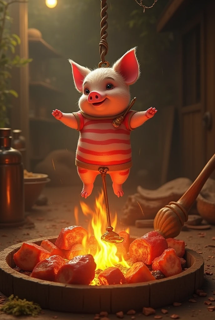 makes an image of a piglet with red stripes on its body skewered above a fire with Winnie who brushes it with honey
replace the pig with piglet