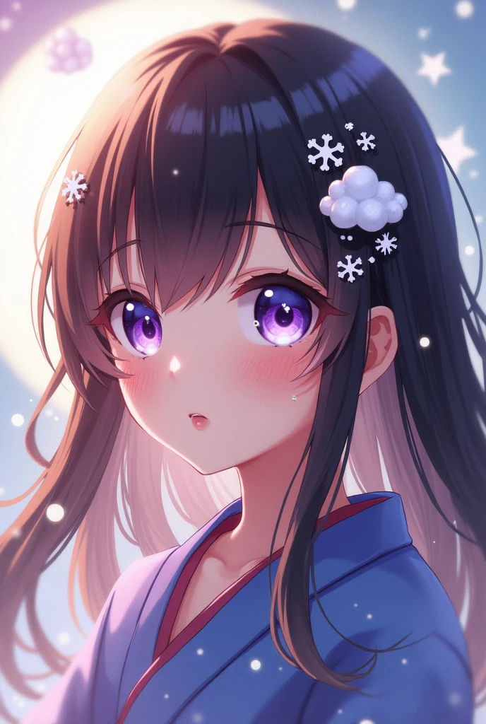 Hair: brown
eyes: purple and blue
hair clip: cloud and snowflake
Costume: kimono
Gender: female
age: 13