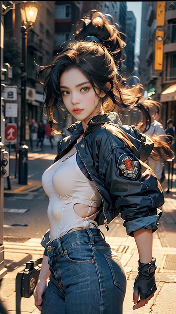 (8K, RAW Photo, Best Quality, Masterpiece: 1.2), (Realistic, Realistic: 1.37), (Perspective lens).1 Girl, beautiful model, Dynamic pose, Serious and mean expressions. Early twentieth girl. Pale white skin. realistic skin, slim body shape, extremely detailed hair, delicate sexy face, gazing away, shiny lips. tomboy, supermodel, beautiful long pony tail hair, confident eyes. stylish outfit, durable Navy jacket and Blue denim beige pants. futuristic design elements gloves, LED lights. Her overall look combines strength and elegance, with a charismatic and leadership aura. The setting is a modern, high-tech environment, Night.