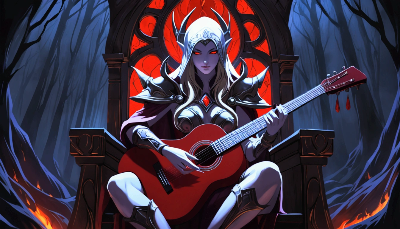 Sylvanas Windrunner, the legendary leader of the Forsaken, sits on a dark wooden throne, surrounded by an aura of mystery and magic. In her hands, she holds a vibrant red guitar, its strings seemingly pulsing with unearthly energy. Her eyes, burning with an otherworldly intensity, stare directly at the viewer, as if daring them to come closer. Her long, white hair falls over her shoulders, framing her pale, ethereal face. Her lips, painted a deep red, curve in an enigmatic smile, as if guarding secrets known only to her. The guitar, which appears to have been created by magical hands, emits an intense red light that illuminates the environment around it. The strings vibrate with an energy that seems almost palpable, as if they are alive and responding to Sylvanas’ touch. In the background, a dark and mysterious mist spreads, as if the night itself is closing in around Sylvanas. The atmosphere is charged with tension and anticipation, as if something is about to happen.

The image is a mix of shadows and light, of mystery and magic, capturing the essence of Sylvanas Windrunner as an enigmatic and powerful creature.