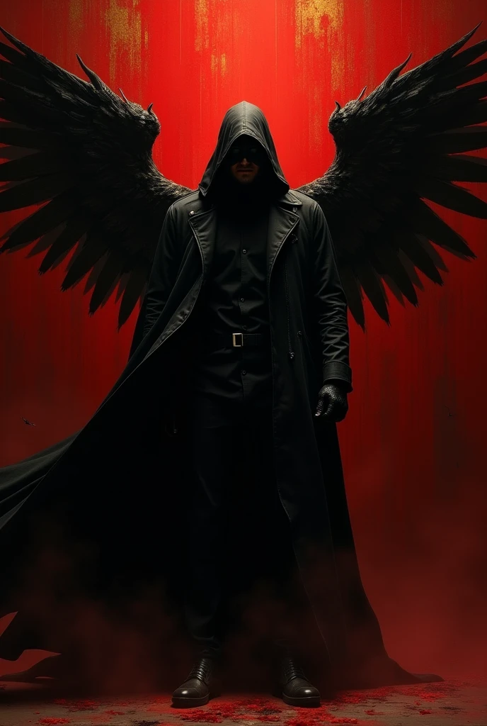 Generate A name "Mr.X" with Red black gold background with a black wing and with a man with a mask