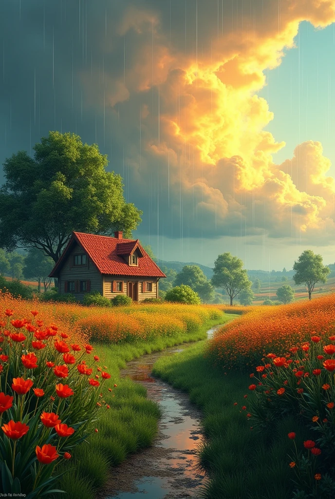 Create a landscape of a serene
countryside scene during a gentle summer
rain. A cozy cottage with a red roof is
nestled near a large, lush green tree. The
sky is filled with dramatic, billowing clouds
in vibrant shades of orange and yellow,
illuminated by sunlight breaking through,
creating a striking contrast with the dark
blue rain clouds. A narrow, winding path
leads to the cottage, bordered by
wildflowers in bright red and orange hues,
and rich green grass. Small puddles form
from the rain along the path.
The overall atmosphere is peaceful and
picturesque, with a harmonious blend of
nature and tranquility, depicted in highly
saturated colors to enhance the vividness
and charm of the landscape.