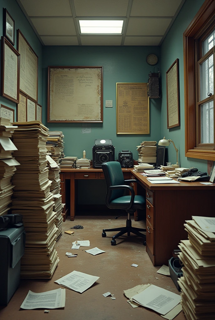 Real looking hotel reception office full of documents and poor looking camera