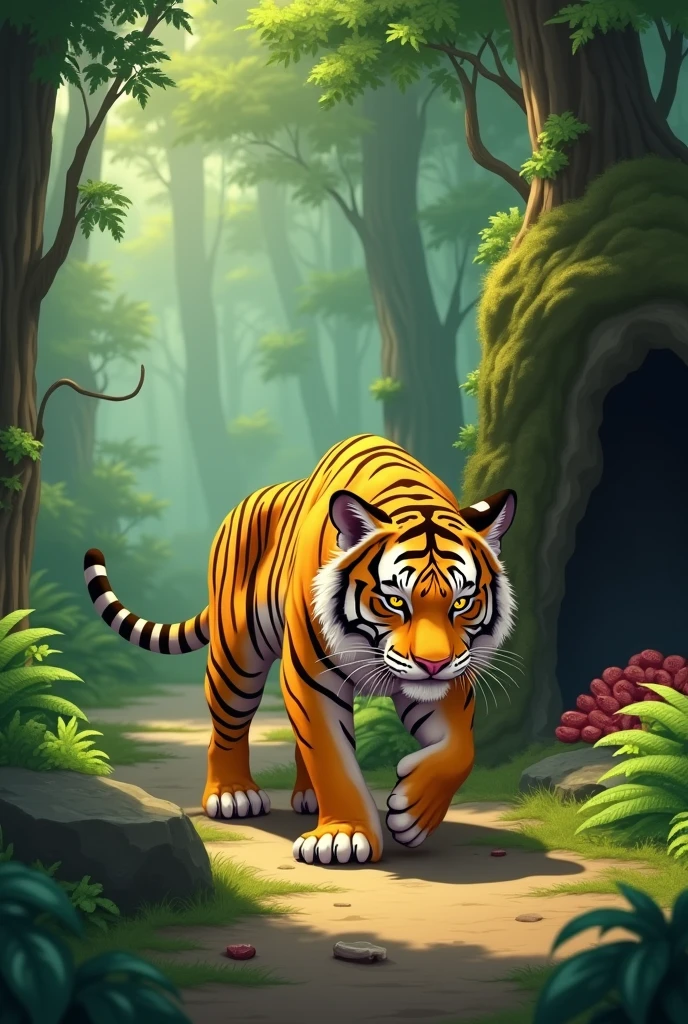 A sick and hungry yellow tiger,Malnutrition,Store lots of steaks in the cave,Cute and realistic風格,Background forest,Cute and realistic