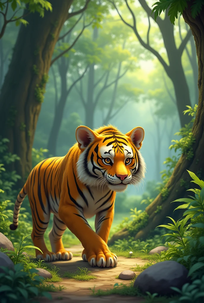 A sick and hungry yellow tiger,Malnutrition,Store lots of steaks in the cave,Cute and realistic風格,Background forest,Cute and realistic