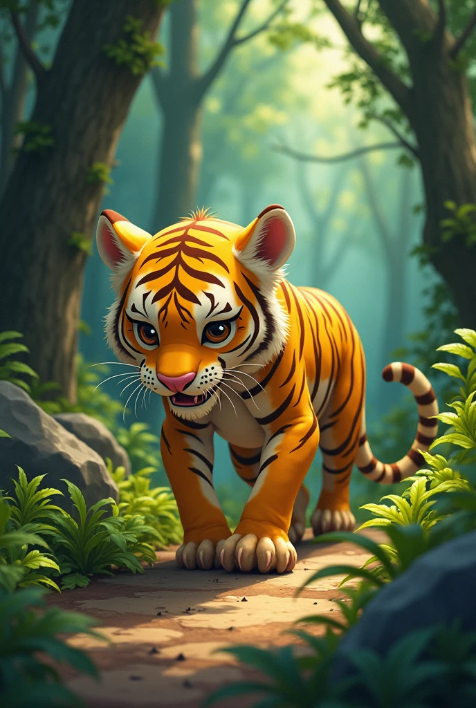 A sick and hungry yellow tiger,Malnutrition,Store lots of steaks in the cave,Cute and realistic風格,Background forest,Cute and realistic