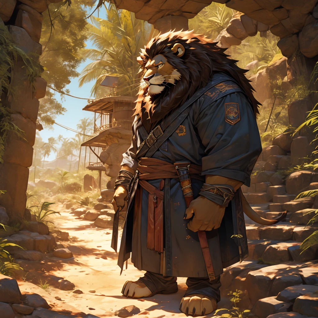 Tomb robbery notes,muscular,A large lion with a jungle machete in a desert cave