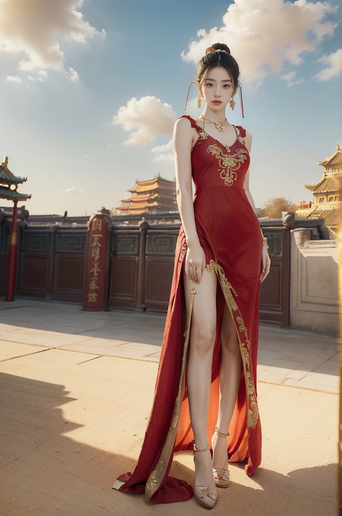 (((best quality))),(((ultra detailed))),(((masterpiece))),illustration,((1 beautiful girl,solo)),(neat bun:1.2),(fair skin:1.3),((slim,thin)),((earrings,necklace)),((small breasts,flat chest)),(bright almond-shaped eyes:1.3), graceful and elegant aura,(maxi gorgeous exquisitely embroidered red dress:1.5),gold trimmings,(stockings:1.3),(high heels:1.2),(ancient Chinese city scape:1.3),(on spacious square:1.3),(towering magnificent palace-like castle:1.3),gold trimmings,intricate carvings, delicate decorations,((clear sky, fluffy clouds)), warm sunlight, crisp refreshing breeze, serene expression, peaceful atmosphere, (standing:1.3), surrounding beauty,((vibrant October,autumn)),((from front,full body))