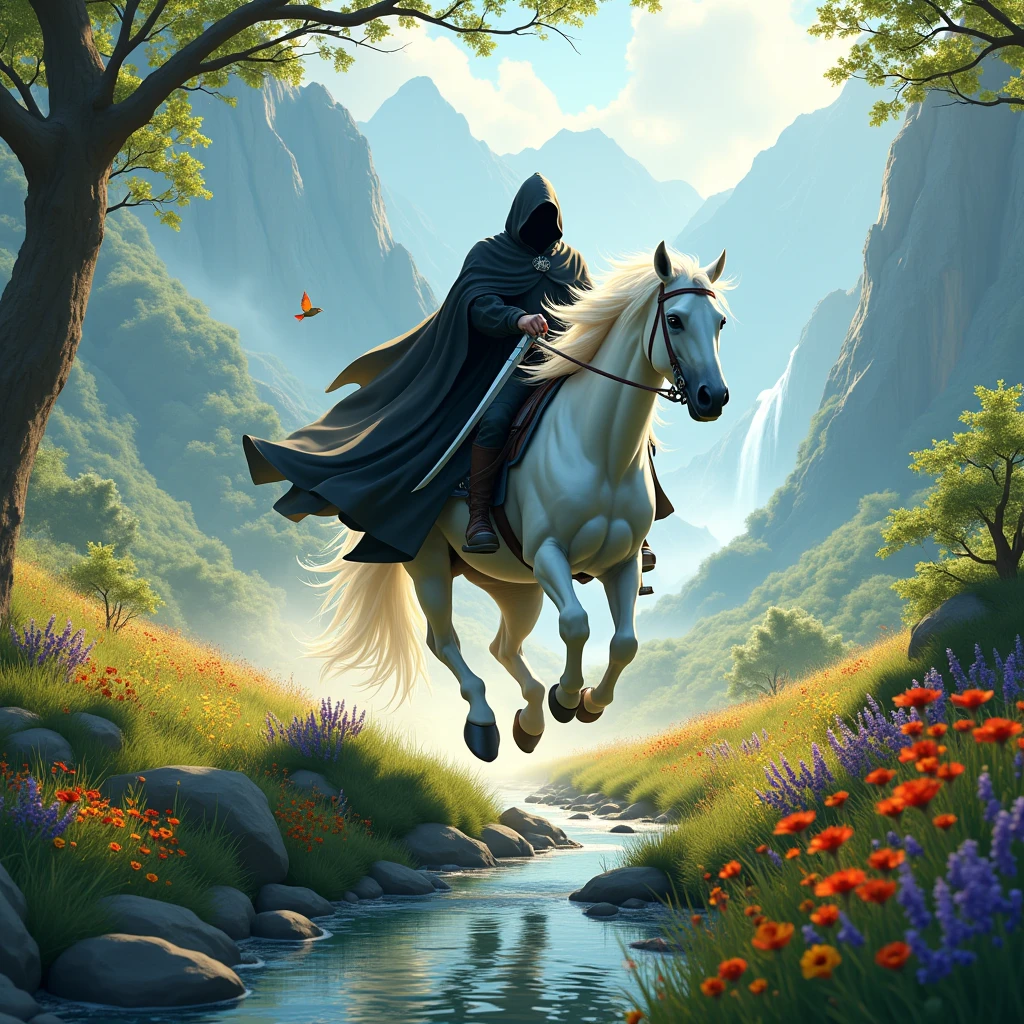 **Central Figure: Cabuliwala on a White Horse**
- **Positioning**: The Cabuliwala should be shown riding the pure white horse at full speed across the scene. The horse’s tail and mane should be flowing dynamically to emphasize the motion. The Cabuliwala's black cloak with white accents should be designed to flow naturally with the movement of the horse, making sure the head and face are entirely obscured by the hood. The sword should be prominently displayed, either in hand or sheathed at the side, to ensure it’s not missed in the image.
**Background Elements:**
- **Road**: Illustrate a narrow, uneven path with scattered stones or gravel to highlight the rugged terrain.
- **Vegetation**: Include trees with vibrant green leaves and a variety of blooming flowers in red, yellow, purple, and blue to create a rich and colorful backdrop.
- **Stream**: Show a clear stream with visible rocks underwater and gentle ripples to add a sense of tranquility.
- **Field**: The vast green field should have tall grass and wildflowers to enhance the sense of open space.
- **Mountains and Waterfall**: Depict majestic mountains with a cascading waterfall, emphasizing the dynamic movement of the water and a misty base for depth.
**Additional Details:**
- **Birds**: Add small, colorful lovebirds either flying or perched on branches to add liveliness.
- **Lighting and Atmosphere**: Use soft, golden light to create a serene, magical atmosphere. Shadows should enhance the depth of the scene.
- **Color Palette**: Ensure a harmonious color scheme with high contrast between the black and white cloak of the Cabuliwala and the vibrant colors of the background.
**Special Note**: Make sure the horse is shown galloping through the field with its tail and mane dramatically flowing in the wind. The Cabuliwala's cloak should flow in harmony with the horse’s movement. The sword should be clearly visible, ensuring it stands out against the dynamic background.