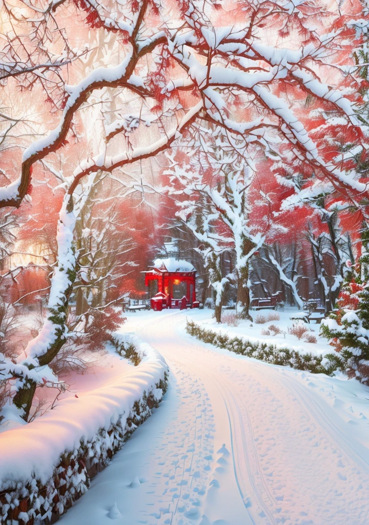 snowy path in a park with a gazebo and trees, during snowfall, in a snowy forest setting, Winter, winter in the snow, covered with snow, beautiful snowy landscape, with snow covered colourful red, Beautiful winter area, Winter Environment, snowy winter, snowy winter scene, snowy, snow, Winter Wonderland, snow on trees and ground, In winter