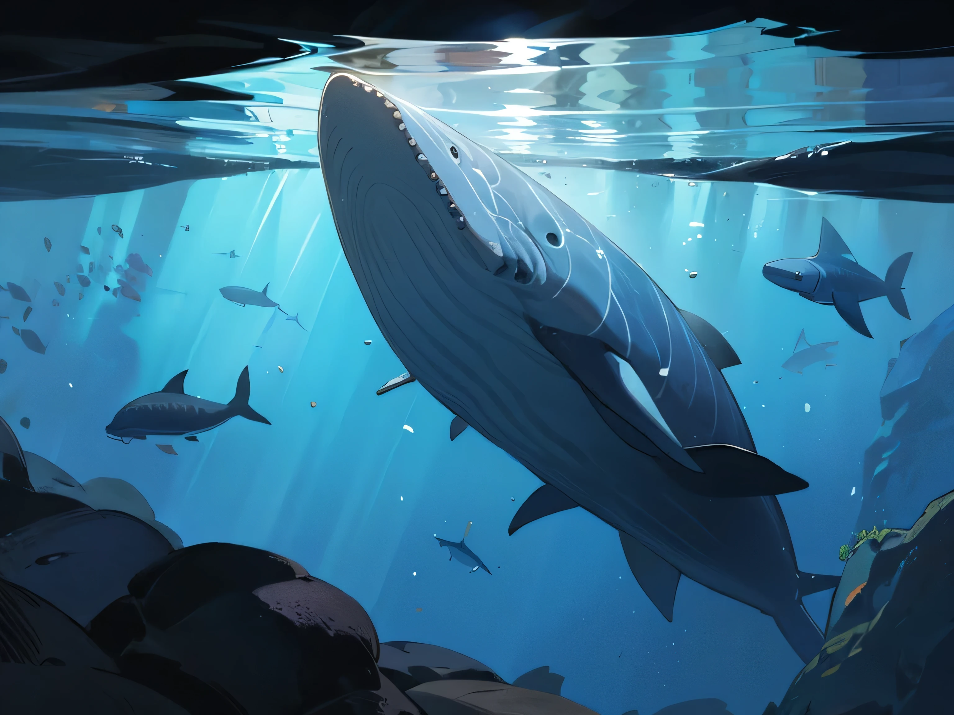 A whale in the deep ocean, Mariana Trench, deep ocean, little light