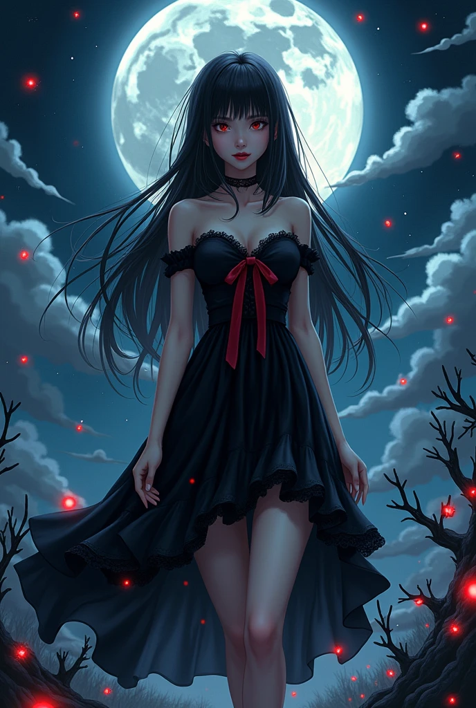 masterpiece, best quality, detailed, 1girl, solo, night sky, outdoors, full moon, stars, clouds, night,,  dark sakura, (black dress), long hair, evil smile, red ribbon, striped, thighs