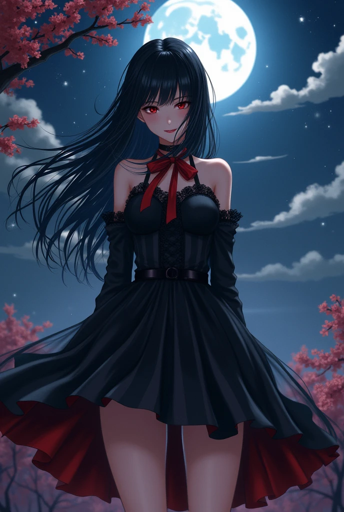 masterpiece, best quality, detailed, 1girl, solo, night sky, outdoors, full moon, stars, clouds, night,, dark sakura, (black dress), long hair, evil smile, red ribbon, striped, thighs
