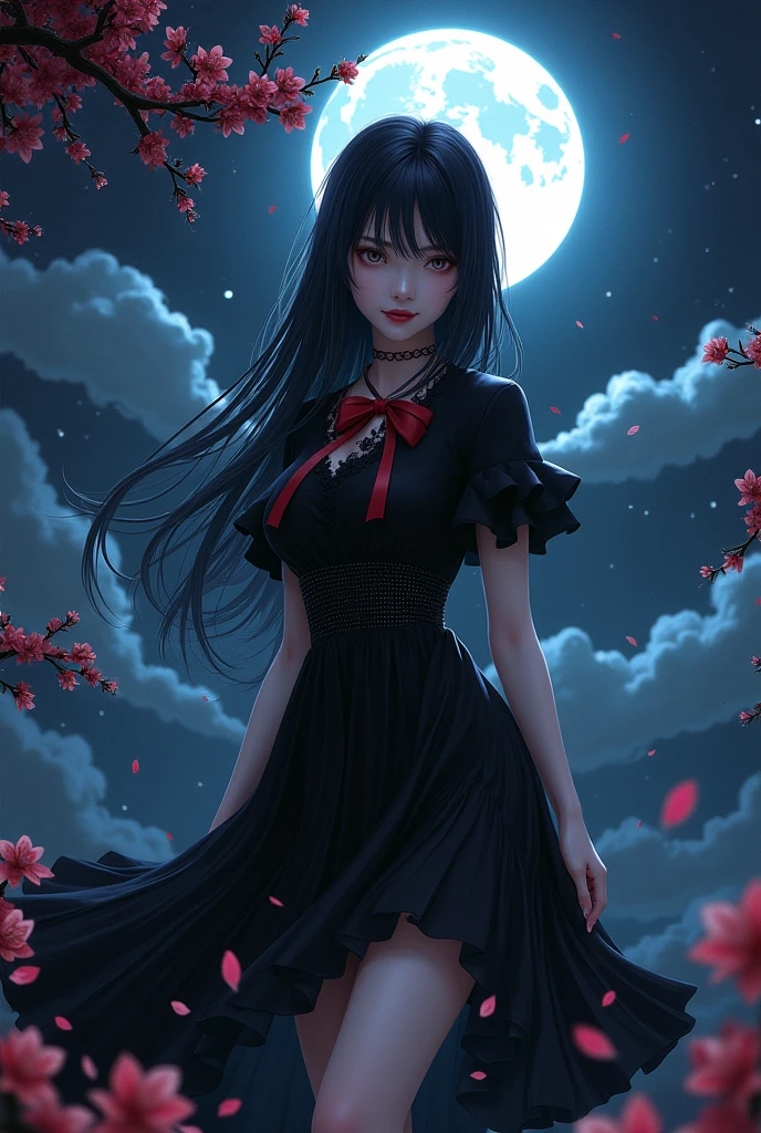 masterpiece, best quality, detailed, 1girl, solo, night sky, outdoors, full moon, stars, clouds, night,, dark sakura, (black dress), long hair, evil smile, red ribbon, striped, thighs
