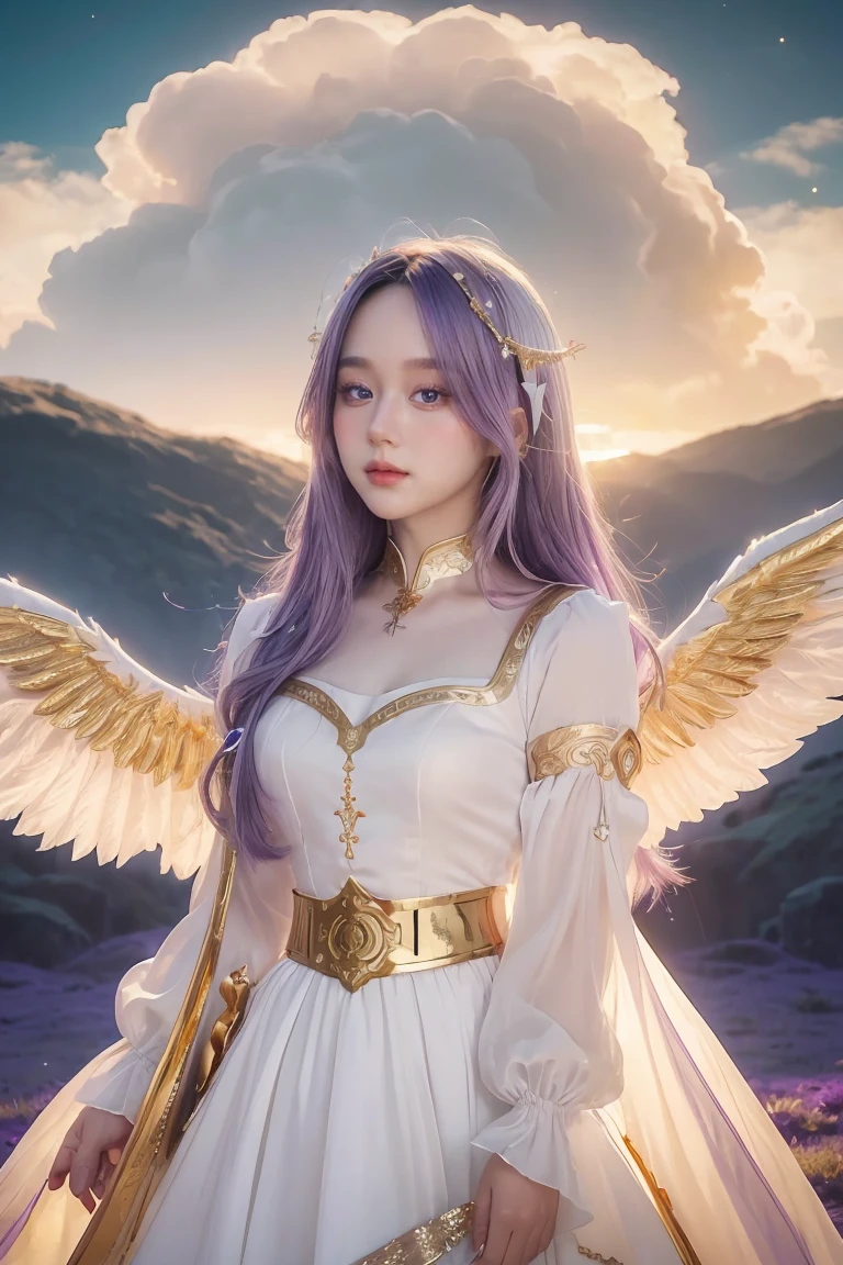 ((Masterpiece, best quality, very detailed), Volumetric light, surrounding occlusion, colorful, glow), 
1 girl, alone, young girl, (purple hair), long hair, radius, Aura, sacred, goddess, Priest Uniform, (White dress with gold details:1.3), angel wings,
outdoor, sunset, sky, cloud, space, (Fantasy Theme:1.2),