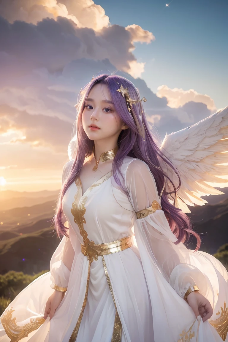 ((Masterpiece, best quality, very detailed), Volumetric light, surrounding occlusion, colorful, glow), 
1 girl, alone, young girl, (purple hair), long hair, radius, Aura, sacred, goddess, Priest Uniform, (White dress with gold details:1.3), angel wings,
outdoor, sunset, sky, cloud, space, (Fantasy Theme:1.2),