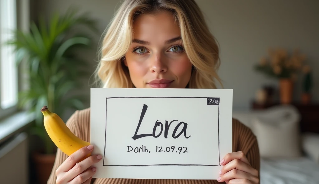 create an influencer,blonde hair,Scandinavian,light eyes,light brown skin,holds up a verification sign that says lora which is handwritten(with a ballpoint pen(12.09.92), in her living room,banana in hand,orbody should be visible