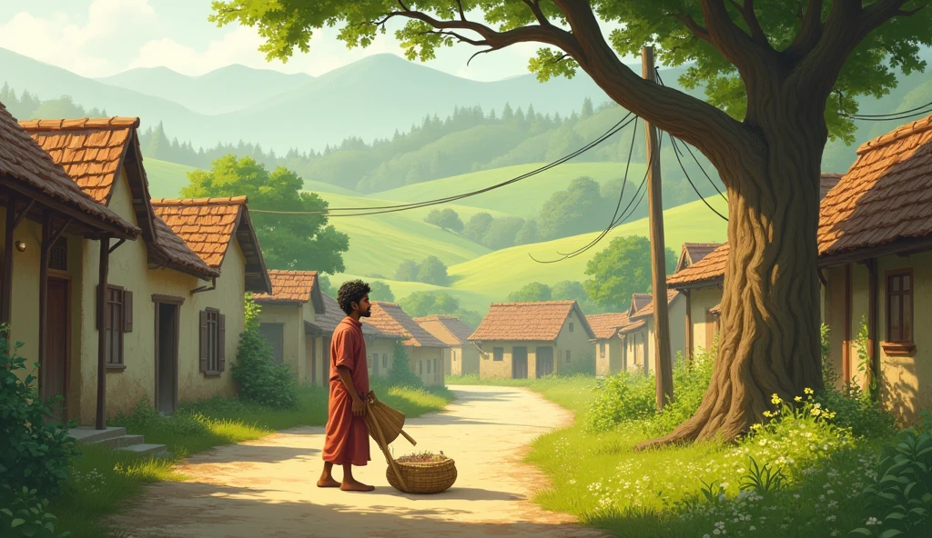 Ravi’s Simple Life man: A scene showing Ravi, a modest, simple boy, working in a small town with serene countryside surroundings, depicting his peaceful yet humble lifestyle