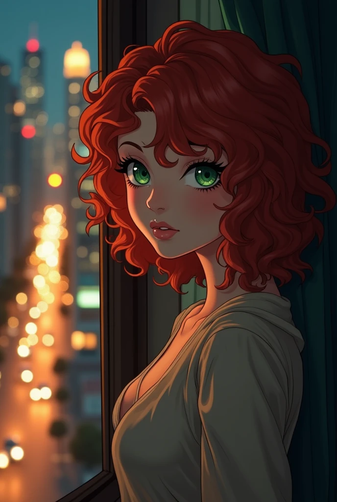 a redheaded curly-haired woman with green eyes and pale skin, near the window of her apartment, city at night, anime style, detailed portrait, cinematic lighting, warm color tones, dramatic shadows, photorealistic, ultra-detailed, 8k, award-winning digital art